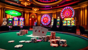 Experience the excitement of nohu 90 with vibrant casino visuals featuring poker chips and slot machines.