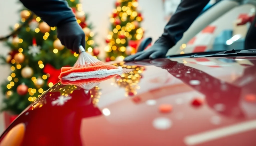 A Christmas car detailing gift being expertly applied, creating a festive atmosphere with decorations.