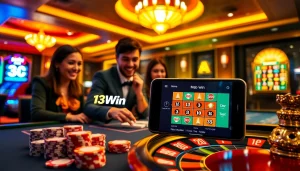 A group of enthusiastic gamblers utilizing the 13Win app while playing at a vibrant casino table.