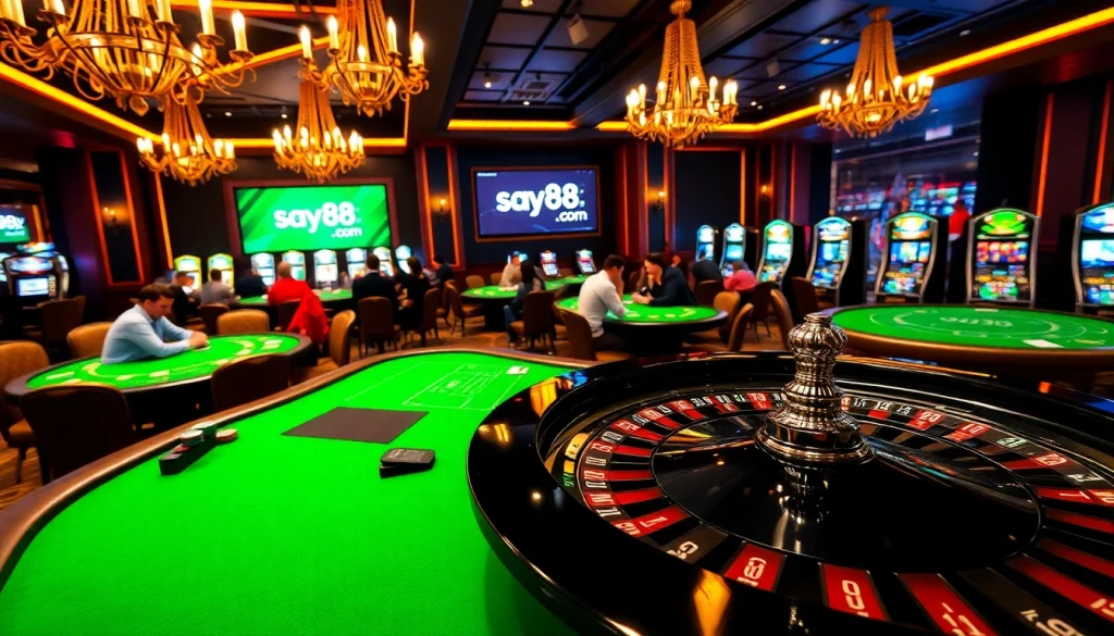 Exciting casino action at say88 com with roulette and poker tables, vibrant chips, and eager players.