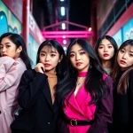 blackpink members posing in a vibrant urban setting, showcasing their individual styles and energy.