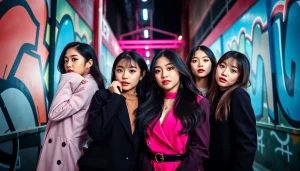 blackpink members posing in a vibrant urban setting, showcasing their individual styles and energy.