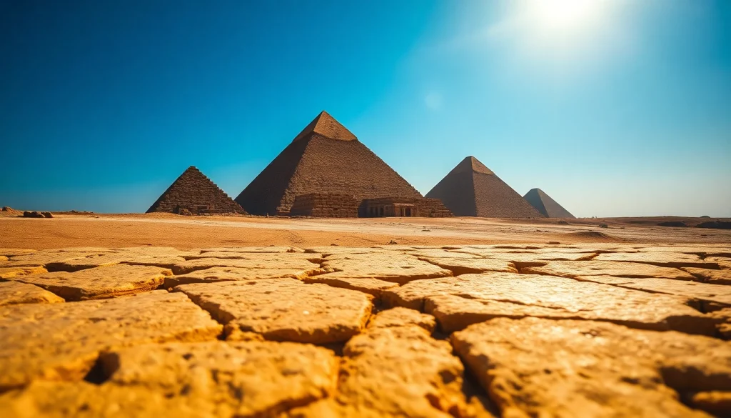 View of the iconic piraminds in Giza showcasing their ancient architecture under bright sunlight.