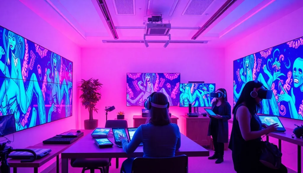 Artists using NSFW AI technologies in a modern digital studio atmosphere.