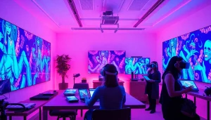 Artists using NSFW AI technologies in a modern digital studio atmosphere.