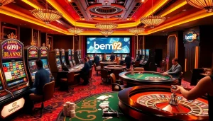 Players enjoying the thrill of gambling with the app bem92, showcasing poker tables and slot machines.