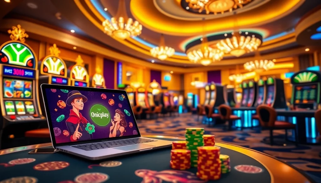 Engaging scene of Onicplay interface amidst bustling casino excitement, showcasing thrilling slot wins.