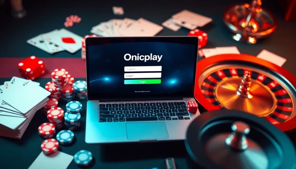 Onicplay login interface surrounded by casino elements like poker chips and cards.
