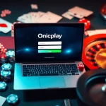 Onicplay login interface surrounded by casino elements like poker chips and cards.