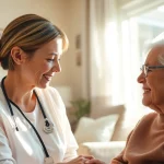 Engaging scene depicting austin senior home care with a caregiver assisting a senior in a cozy home.