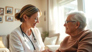 Engaging scene depicting austin senior home care with a caregiver assisting a senior in a cozy home.