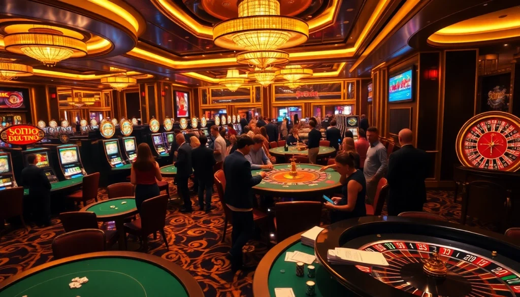 Experience the thrill of SODO CASINO with players at luxurious poker tables, vibrant slot machines, and elegant decor.