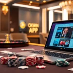 Experience gaming excitement with the OKWIN APP at a vibrant casino table featuring poker chips and a roulette wheel.