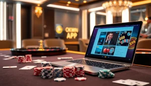 Experience gaming excitement with the OKWIN APP at a vibrant casino table featuring poker chips and a roulette wheel.