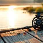 Showcasing a fly fishing combo on a picturesque river dock at sunrise, highlighting quality and serenity.