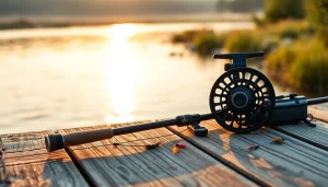 Showcasing a fly fishing combo on a picturesque river dock at sunrise, highlighting quality and serenity.