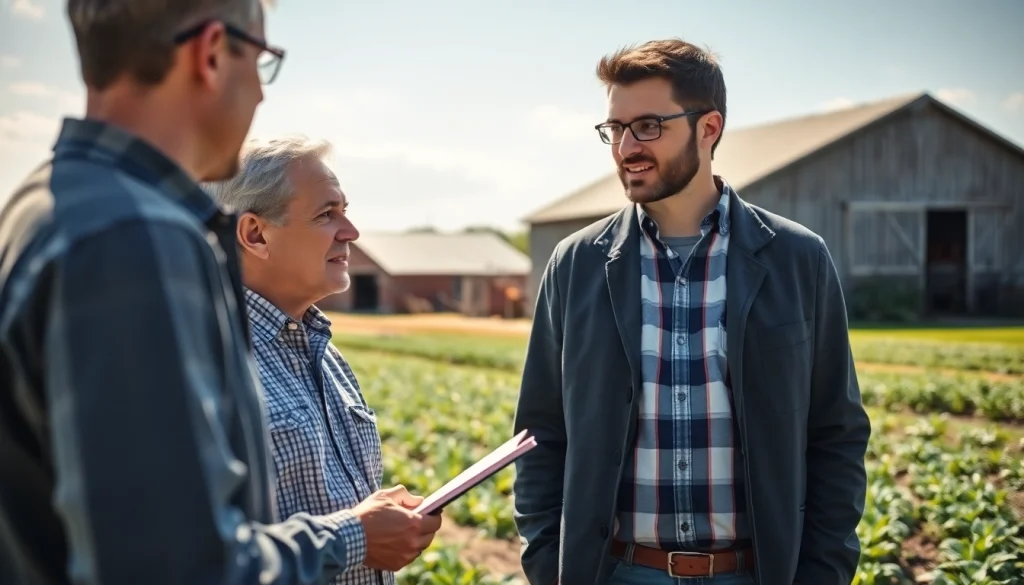 Agriculture lawyer advising a farmer outdoors, highlighting agricultural law insights and support.