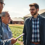 Agriculture lawyer advising a farmer outdoors, highlighting agricultural law insights and support.