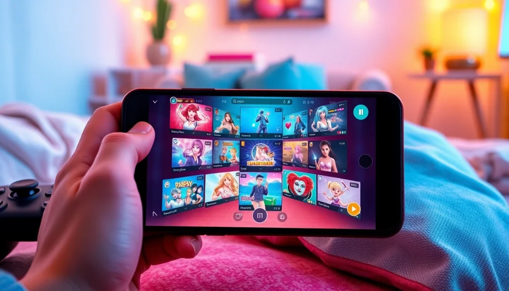 Mobile porn game displayed on a smartphone, inviting colorful gameplay scene.