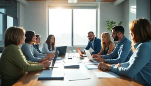 Team collaborating on Strategy Capture Management in a bright office setting with laptops and documents.