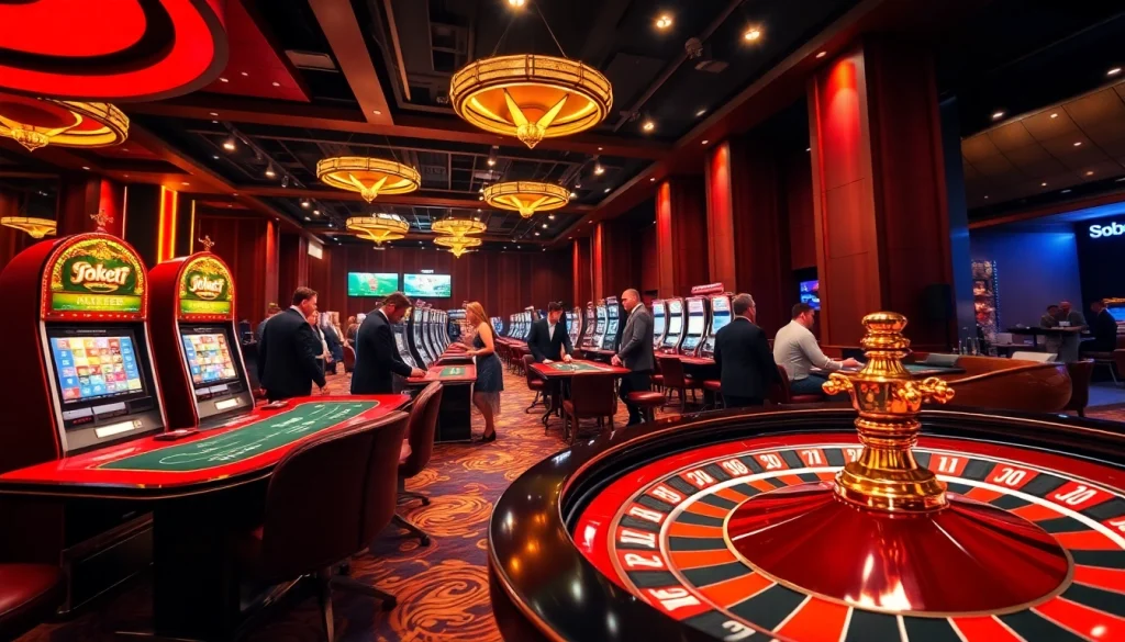 Engaged players placing bets with sbobet in a glamorous casino setting filled with excitement.