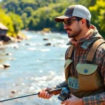 Model wearing Fly fishing apparel by a river, showcasing comfort and style in nature.