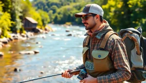 Model wearing Fly fishing apparel by a river, showcasing comfort and style in nature.