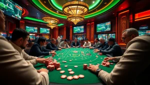 KQBD hôm nay immersive poker game in a luxurious casino setting, featuring exciting sports betting elements.