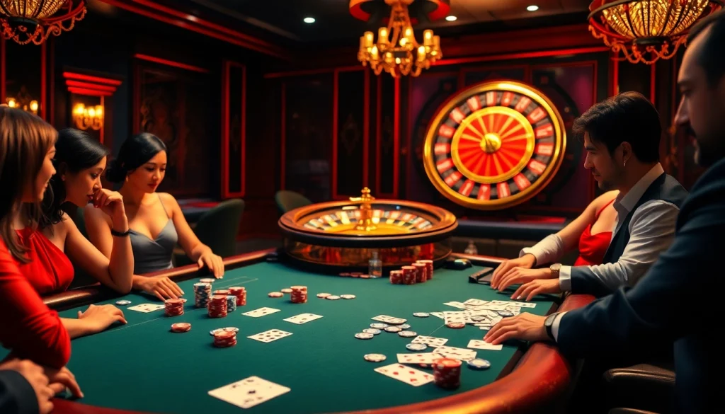 Engaging players at a high-stakes poker table with 6RWIN branding, showcasing excitement.
