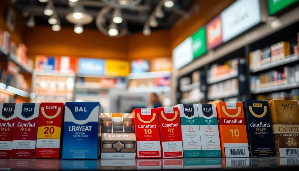 Explore low-cost selections of cheap cigarettes displayed prominently in a retail environment.