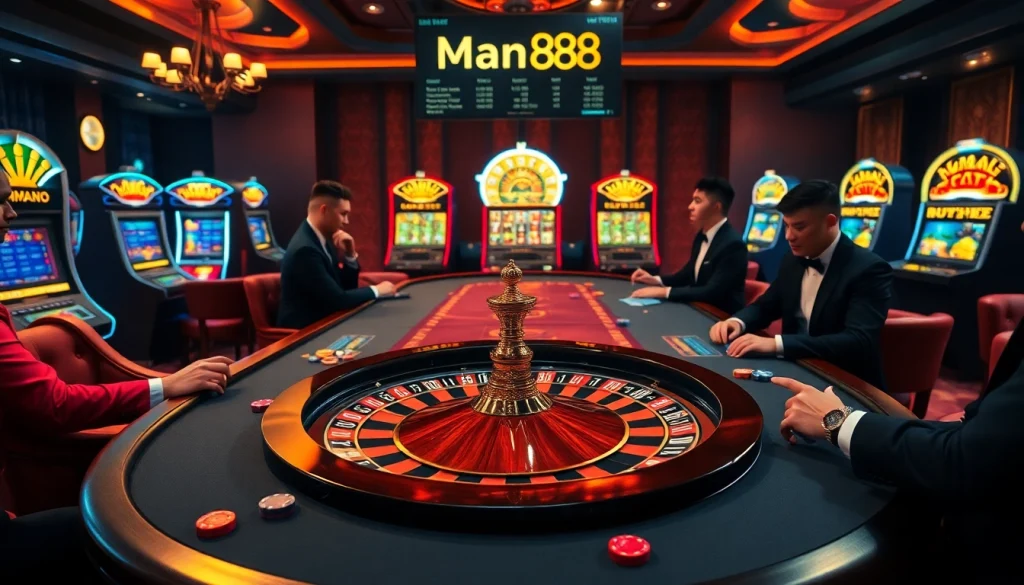 Exciting casino scene featuring glamorous poker games and a roulette wheel at Man88.