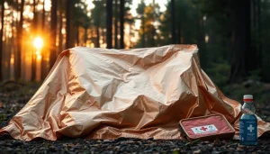 Showcase an emergency blanket amid nature, emphasizing its reflective texture and serene setting.