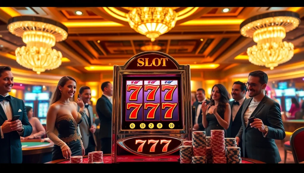Exciting casino scene with players betting on the idn slot 777 machine amidst vibrant lights and poker chips.