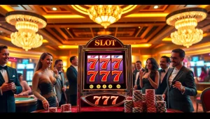 Exciting casino scene with players betting on the idn slot 777 machine amidst vibrant lights and poker chips.