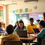 Engaged students collaborating on innovative education projects in a modern classroom.