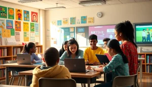 Engaged students collaborating on innovative education projects in a modern classroom.