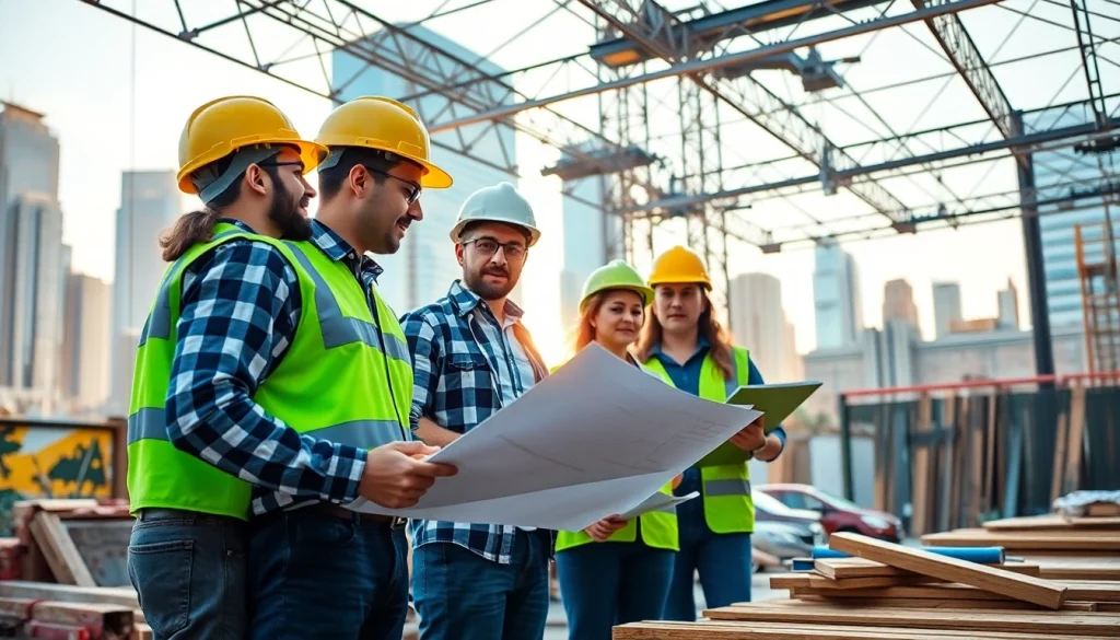 Construction advocacy carolinas illustrated through diverse professionals collaborating in an urban setting.