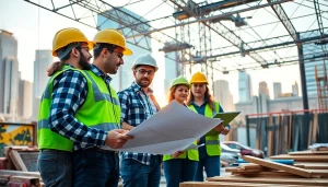 Construction advocacy carolinas illustrated through diverse professionals collaborating in an urban setting.