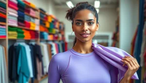 Bekijk diverse spandex kopen stoffen in een moderne stoffenwinkel met veel kleuren.