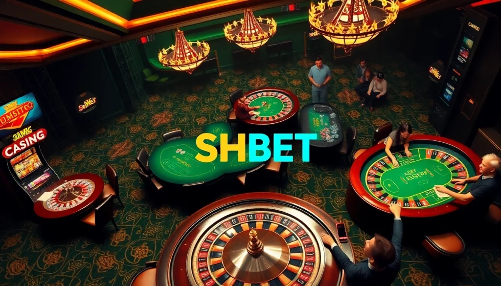 Players enjoying casino games at SHBET's luxurious tables and slot machines.