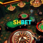 Players enjoying casino games at SHBET's luxurious tables and slot machines.