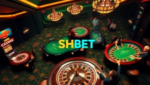 Players enjoying casino games at SHBET's luxurious tables and slot machines.