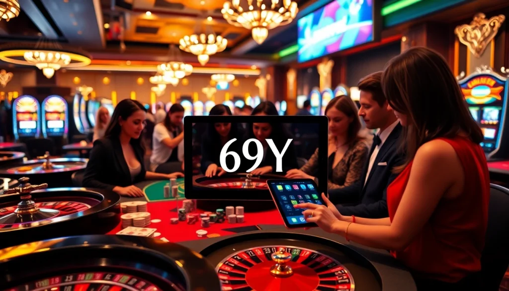 Atraindo apostadores em um cassino de luxo com caça-níqueis vibrantes e jogos de mesa, com a marca 69Y.
