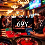 Atraindo apostadores em um cassino de luxo com caça-níqueis vibrantes e jogos de mesa, com a marca 69Y.