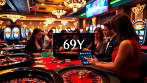 Atraindo apostadores em um cassino de luxo com caça-níqueis vibrantes e jogos de mesa, com a marca 69Y.