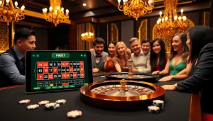 Players enjoying F8BET gaming at a stylish casino table with roulette and poker chips.