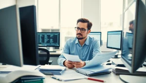 Engaging scene of tax preparation with professional conductor assisting clients in a tidy office.