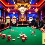 Engage in the excitement of gambling with Link vào Haywin at a vibrant casino gaming table filled with poker chips.