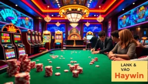 Engage in the excitement of gambling with Link vào Haywin at a vibrant casino gaming table filled with poker chips.