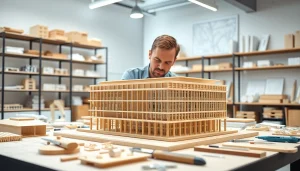 Architekturmodellbau Köln - Detaillierte Bauart eines modernen Modells in der Werkstatt.